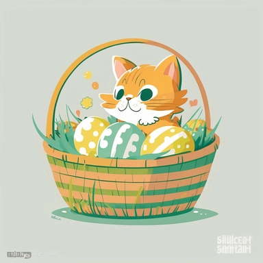 clipart of very cute orange tabby kitten, playing in a basket full of easter eggs, solid white background, in the style of mary blair, vintage disney animation style