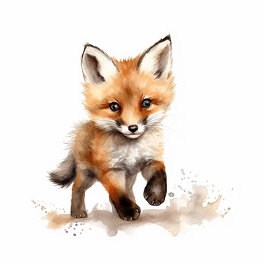 Woodland cute baby fox Clipart realistic Watercolor, running, white background, hd, illustration on white background in the style of watercolors, walter ernest webster, grocery art, rusticcore, playful watercolors, dark palette, no watermark, no text, no words, paintbrush, 300 DPI, typography, the images do not stick together, no text in the picture, no text in the picture - - ar 4: 3