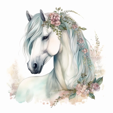 hand drawn white horse, with flowing mane and braids, full body, whimsical, fantasy, in pale shades of blue sage green soft pink and pale yellow, flowers, glamorous, realistic, watercolor, clipart style, white background with margins