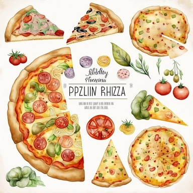 Watercolor Pizza Clipart Download - Dinner Graphics Set - Party Food - Pizza Night - Pizza Slice - Toppings - Cheese - Bell Pepper - Olives - Sausage - Mushroom - Pepperoni - Onion - Bacon - Ham - Chicken - Bunting
