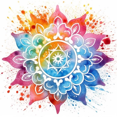watercolor clipart illustration on a white background of Rangoli: Traditional Indian art form where patterns are created on the floor or ground using colored rice, dry flour, or flower petals.