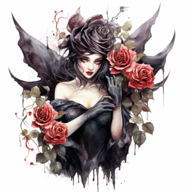 dark and evil fairy having dark roses near her, 8K, ultra details, isolated white background, clipart, hand drawn, hand drawn art, in the style of ultra-detailed watercolor hand drawn collections, HD watercolor collections, soft watercolor, inllustration, high-quality watercolor collections, hand-drawn watercolor collections, and precise watercolor collections made by a professional watercolor artist with attention to detail,