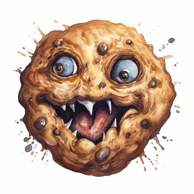 An intricate watercolor of the face of a chocolate chip cookie demon. watercolor, white background, clipart, ultra high detail, ultrarealistic