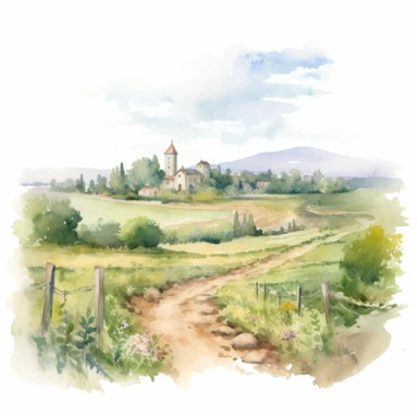 Watercolor drawing of beautiful picturesque dreamy French landscape, scenery watercolor clipart, white background, isolated on white, 8k, watercolor style