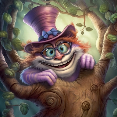 COMIC/CARTOON fantasy magical wacky cheshire cat in a huge tree,large eyeglasses, hats, muted colors, swirls, twists, twirls, metallic, glitter, stylized, funny, centered, airbrushed, digital oil, detailed illustration, clip art, cartoon, 8k, ar 9:8