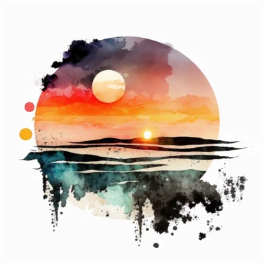 Black Watercolor Beach Ocean Retro Sunset Clipart, Colorful and white Background