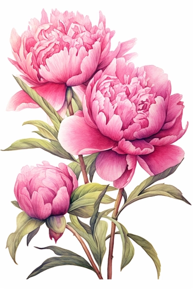 A highly detailed watercolor and pencil clipart drawing of a small cluster of unbloomed pink peonies elegantly arranged on a white background. The cluster captures the anticipation and beauty of these budding flowers, showcasing their intricate forms and delicate petals. The watercolor and pencil techniques blend harmoniously to create a captivating representation, with the watercolor adding soft washes of color and the pencil adding fine details and textures. The drawing focuses on the tightly 