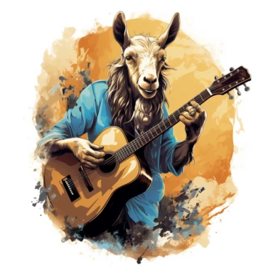 A goat playing a guitar with passion and intensity, surrounded by music notes clipart