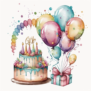 An enchanting watercolor clipart presenting a dynamic birthday scene, with an exquisite arrangement of colorful balloons, a delectable cake, whimsical celebration tape, and ornamental bars. Against a vivid blanc brillant background, the balloons are positioned in a captivating formation, each rendered with graceful brushstrokes and vibrant hues, exuding a sense of excitement and cheerfulness. The cake, adorned with intricate frosting patterns and adorned with candles, takes center stage, enticin