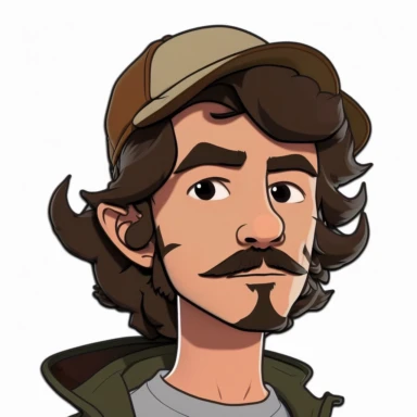 Gravity Falls cartoon style, vector art, clipart, white background, hispanic young adult man, wavy brown-black shoulder length hair, thin wispy facial hair, trimmed floating moustache, chin hair that traces jawline, streetwear fashion style