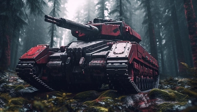 cyberpunk 2077 inspired enormous red tank with rockets, armored vehicle in scifi forest clipart. Cinematic, Ultra-Wide Angle, Depth of Field, hyper-detailed, Unreal Engine, Cinematic, Photoshoot, Shot on 25mm lens, Depth of Field, DOF, Tilt Blur. Shutter Speed 1/1000, F/22, White Balance, 32k, Super-Resolution, Megapixel, Pro Photo RGB, VR, Lonely, Good, Massive, Half rear Lighting, Backlight Natural Lighting, Incandescent, Optical Fiber, Moody Lighting, Cinematic Lighting, Studio Lighting, Soft