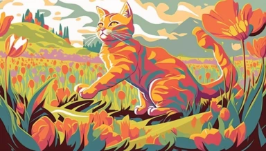 Expressionist cat in spring flower field Painting: ginger cats silute dance, ginger cats with tail held haigh, Vibrant Colors, pink + green, Intense Emotions, Fauvism, art deco, pop art deco nouveau, flat 2d vector design, illuminati, clipart, detailed trace