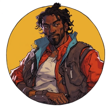 A circular tondo depicting a Dungeons & Dragons character lightly-armored dark-skinned African-heritage elf elvish weathered grungy hobo badass survivalist ranger warrior, Mike Allred Josh Kirby Mad Max Lord of the Rings, handpainted retrowave, clipart illustration, circle solid background