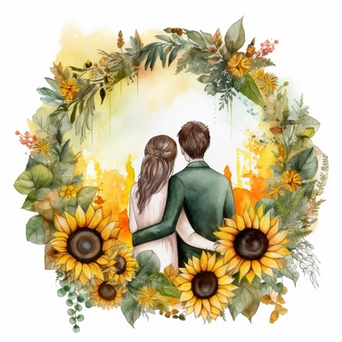 watercolor The middle circle of newlyweds with their arms around in the park. back view Bridal veil with Sunflowers flowers and leaves adorning her hair. hair up with flowers vividly bold designs png realistic cartoon in 32K UHD cute. 15 cm thick outline. Black color. There was no shadow on the ground. 8k with realistic watercolors. and detailed illustrations. PNG clipart, transparent white background