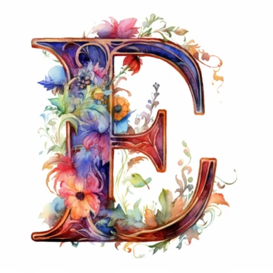 Watercolor illuminated initial, letter E , Clipart, E, witchy, magical, whimsical , white background, png
