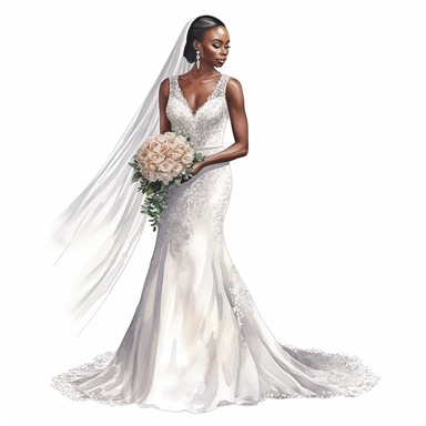 Watercolour of a black bride full body , Clipart,Cartoon,hyper realistic, intricate detail, illustration style,high resolution, isolated on a white background