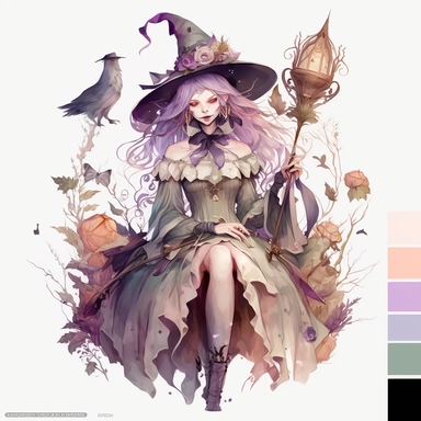 Clipart, beautifull witch in a watercolor, in the style of artgerm, soft and dreamy tones of pastel colors, detailed costumes and fashion, sheet film, uhd image, free brushwork, transparent/translucent medium, Nita Engle, Anne Kullberg, Yee Chong, Larissa Ria Loomans, charming character illustrations, white solid background