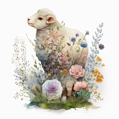 Easter, spring Lamb with Flowers Clipart, Watercolour, PNG, white background, Scrap Book, watercolor, liquid oil and ink concept art, hyper realistic, sticker style, fantasy, realism, in studio ghibli vibe, in studio ghibli style