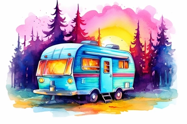 colorful bright vibrant neon vintage camper, scene, watercolor clip art