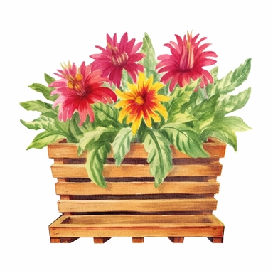 Design a dreamy watercolor clipart of frenchfarmhouse-inspired Bee balm, blanket flower, and blazing star liatrus arranged in a rustic wooden crate composition, hand-painted with soft and graceful brushstrokes. Draw inspiration from the artistic finesse of Ethereal Petals Watercolors for a refined and ethereal depiction. isolated on a white background, hand-drawn illustration, hand-painted watercolor texture, 16k UHD resolution, intricately detailed, sharp focal points, designed by Ana Victoria 