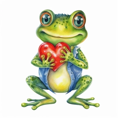 a smiley frog holding a big heart, watercolor clipart on white background, no shading