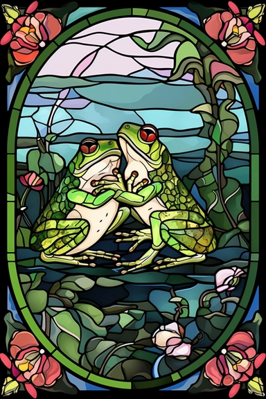 2 frogs as the lovers cottagecore style graphic vector, stained glass art, mural, happy toads, the lovers clipart
