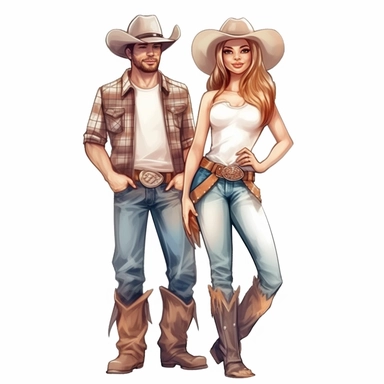 Cute Beautiful Couple Cowgirl Sublimation Clipart,Cartoon,hyper realistic, intricate detail, illustration style,high solution , on the white background
