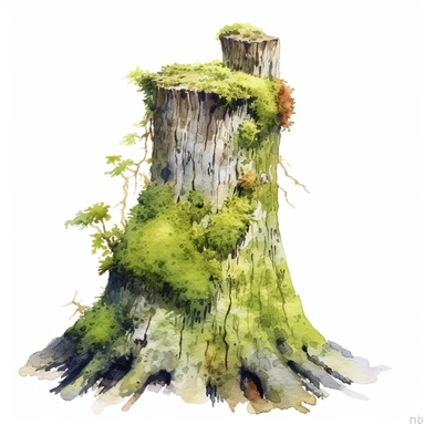 realistic bark sculpture cover in moss clipart watercolor