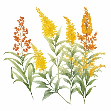 Design a dreamy watercolor clipart of a chinese-inspired Sprays of goldenrod flowers arranged in a wild and natural style, evoking the beauty of autumn meadows composition, hand-painted with soft and graceful brushstrokes. Draw inspiration from the artistic finesse of Ethereal Petals Watercolors for a refined and ethereal depiction. isolated on a white background, hand-drawn illustration, hand-painted watercolor texture, 16k UHD resolution, intricately detailed, sharp focal points, designed by A