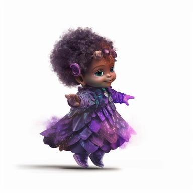 baby girl Godzilla, looks like JanetJackson, doing dance steps, wearing a Iridescence purple Sequins designer dress, ultra high fashion, wearing ruby pendant with a gold rose on it, techno lighting, disney cuteness, plain white background, cutout clipart