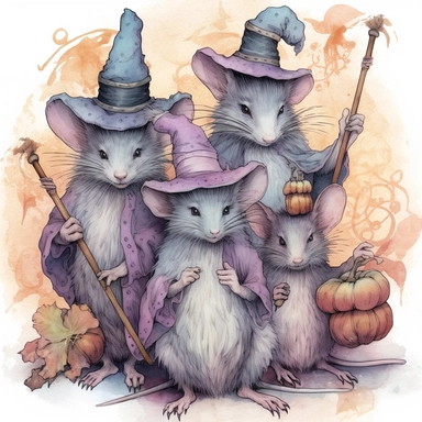 Pastel spooky halloween rats clipart image, in the style of mystic mechanisms, subtle pastel tones, pencil art illustrations, soft pastel tones, reimagined by industrial light and magic, litho printing, illusory images, watercolor clipart