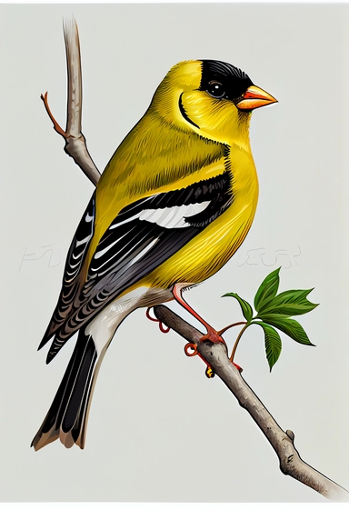 a full body & tail American Goldfinch, white background, children book, clipart style,