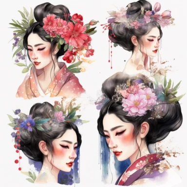 watercolour clipart of beautiful Japanese Geisha Watercolor Clipart Bundle, hair tucked behind pointy ears, detailed character illustrations, fantasy illustration, close - up, multilayered realism, goblincore, delicate flowers, forest greenery, enchanted, pretty, majestic, magical, detailed, face only, UHD, 8K, 3D, solid white background
