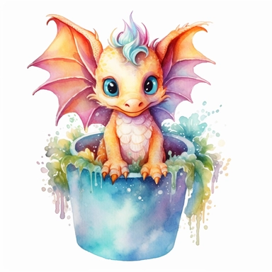 Watercolour Colourful Fantasy baby Dragon Clipart, white background