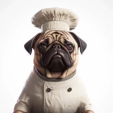 A pug dog dressed as a chef, wearing a chef's hat and holding a Kuàizi in its paws. The image is a hyper-detailed, realistic rendering against a white background in a clip art style. Cinematic in nature, the image shows insane detail with beautifully graded color visuals. It is created using the Unreal Engine, incorporating depth of field (DOF), super-resolution and megapixel techniques. The lighting is cinematic, utilizing anti-aliasing (FKAA and TXAA), real-time ray tracing (RTX), and screen-s