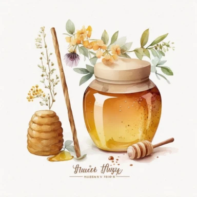 honey pot and stick watercolor clipart, white background, single image