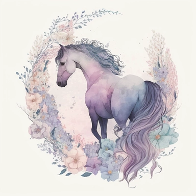 A horse clipart design for girls with a soft and girly color palette of pastel colors like pink, purple and blue to create a dreamy atmosphere. The horse itself is majestic and has a long flowing tail and mane that move in the wind. Flowers and butterflies surround the horse and give the design a romantic touch
