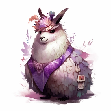 plump purple llama portrait game character, Wuxia, pumpkin crown on her head, kabuki, full body, hyper detailed, Studio Ghibli and Makoto Shinkai, cartoon style, 2d watercolor clipart vector, cozy, creative and imaginative, hd, white background