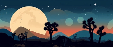 An imaginative, minimalist clipart illustration of the Joshua Tree National Park, California. Joshua trees are represented by abstract shapes with spiky branches, dotting a landscape of simplified rock formations. The sky is filled with star symbols, signifying the park's famous clear, starlit nights. The color palette consists of muted greens for the trees, beige and browns for the desert landscape, and dark blues for the night sky.