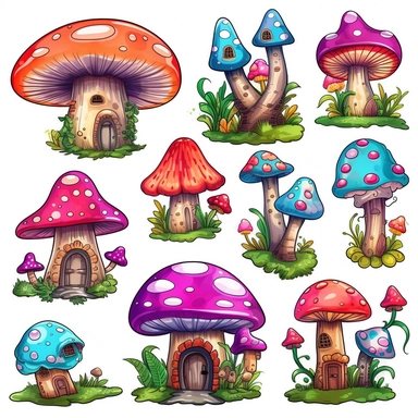 Create a set of clipart illustrations featuring a magical world filled with whimsical mushrooms and enchanted creatures. Draw towering mushrooms with glowing caps, and add tiny fairy-like creatures flitting around them. Use a white background and separate each element so they can be easily incorporated into any project. Add other fantasy elements such as castles, dragons, and unicorns to complete the scene. Use your creativity to bring this mystical world to life -