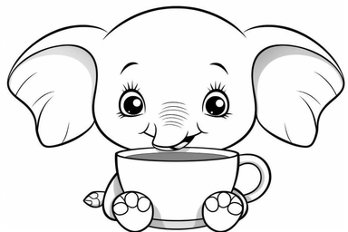 Random cute elephant inside a cup in an action dynamic pose, cute Kawaii single anything clipart. 2d outline simple vector monochrome coloring page depicting