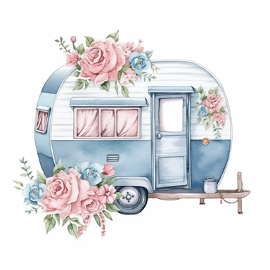watercolor vintage camper trailer with flowers stock clipart , in the style of dark pink and light blue