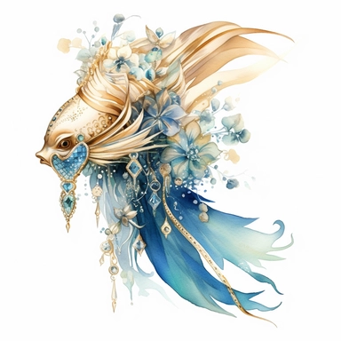 watercolor clipart featuring sea fish, in the style of realism with fantasy elements, exquisite clothing detail, light gold and aquamarine, elaborate beadwork, uhd image, pictorial dreams, surreal illustration