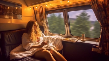 realistic photo of a girl sleeping on a train at night, there is a beautiful happy girl wrapped in blanket, realistic photo of a girl sleeping on a train at night, A rethere is a eautiful happy girl wrapped in blanket, beautiful girl, full train cabin, There's a table and there's a cup of coffee on it, night train, Panoramic view of the train carriage with many windows, sleeping girl, night train,night, beautiful face, girl lying by the window, many window, big window, beautiful happy girl wrapp