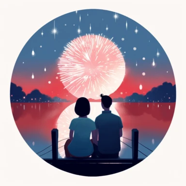 bright red, white, and bright blue fourth of july illustration clipart of a cute young couple sitting on a long dock lakeside watching fireworks bursting in the night sky. cropped inside of a round shape with a white background in the style of Joey Chou