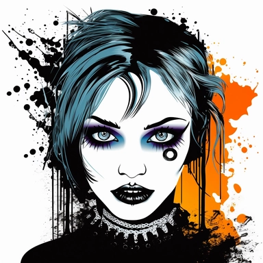 Illustrate a clipart image showcasing a goth woman color splash with radiant eyes that shine brightly. Use a rich and diverse color palette to enhance her appearance, and ensure the image is detailed and crisp. The background should be pure white