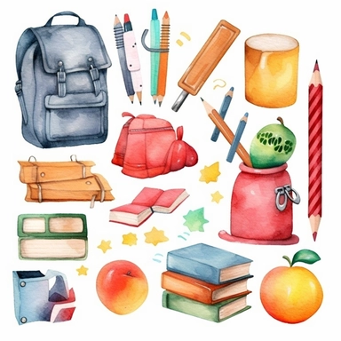watercolor clipart back to school cute elements, school supplies, crayons, backpack, school blackboard, class room desk, notebooks etc. hight quality white background