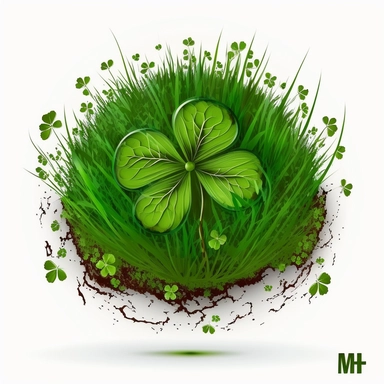 four leaf clover, surrounded by grass, tempera clipart illustration, intricate details, bold, vivid images, clean, crisp, smooth, with white background