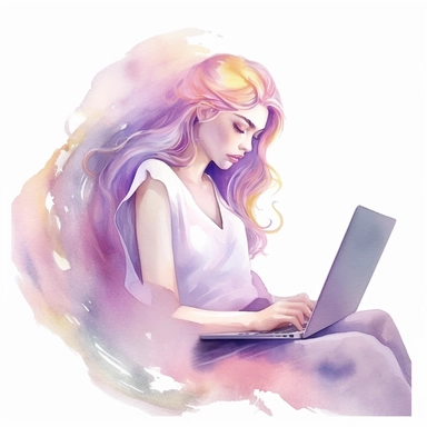 girl working on laptop, in the style of watercolor illustrations, pink and gold, soft lilac, serenity and harmony, various stroke techniques, on white background, clipart