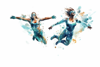 Watercolor, Craft a picture of a synchronized diving pair executing a perfect dive clipart, hd, on a white background, spaced out